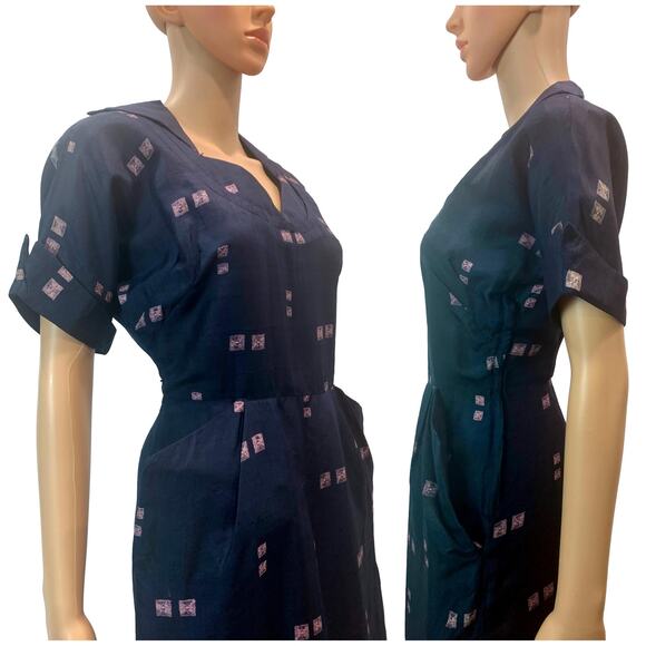 Vintage 1940s Navy Silk Dress – WWII Era Day Dress with Atomic Print - Picture 2 of 10